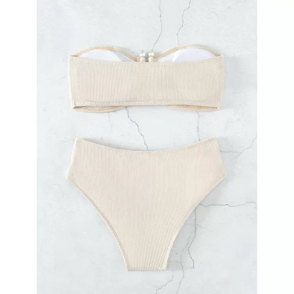 WDIRARA Women's 2 Piece Bikini Set Rib Knit Strapless Knot Front High Waist Swimsuit Set