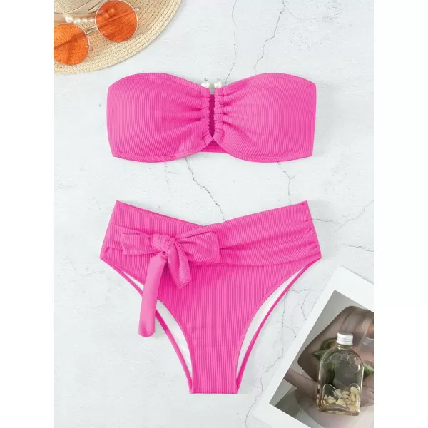 WDIRARA Women's 2 Piece Bikini Set Rib Knit Strapless Knot Front High Waist Swimsuit Set