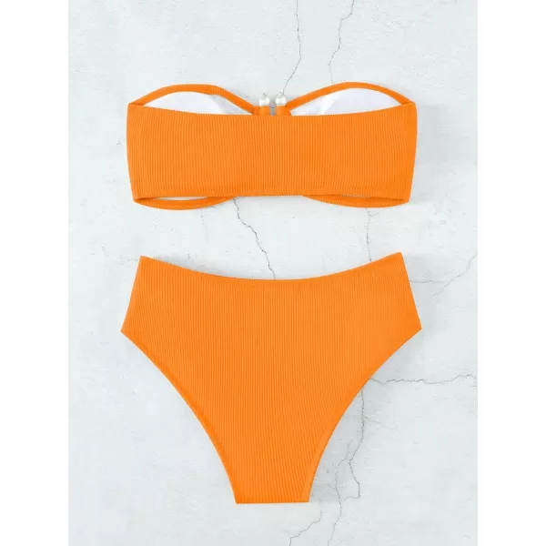 WDIRARA Women's 2 Piece Bikini Set Rib Knit Strapless Knot Front High Waist Swimsuit Set