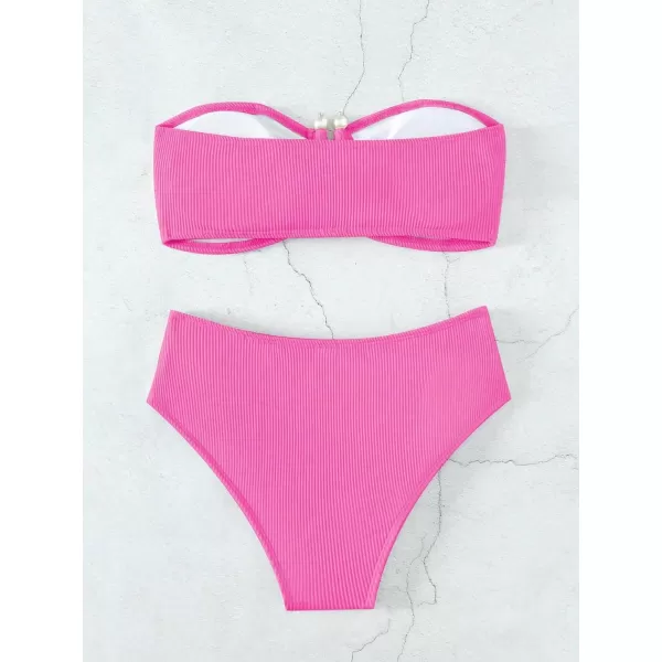 WDIRARA Women's 2 Piece Bikini Set Rib Knit Strapless Knot Front High Waist Swimsuit Set