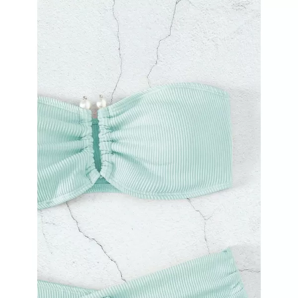 WDIRARA Women's 2 Piece Bikini Set Rib Knit Strapless Knot Front High Waist Swimsuit Set