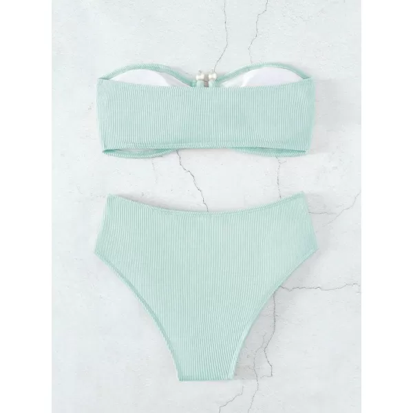 WDIRARA Women's 2 Piece Bikini Set Rib Knit Strapless Knot Front High Waist Swimsuit Set