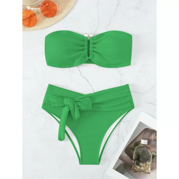 WDIRARA Women's 2 Piece Bikini Set Rib Knit Strapless Knot Front High Waist Swimsuit Set