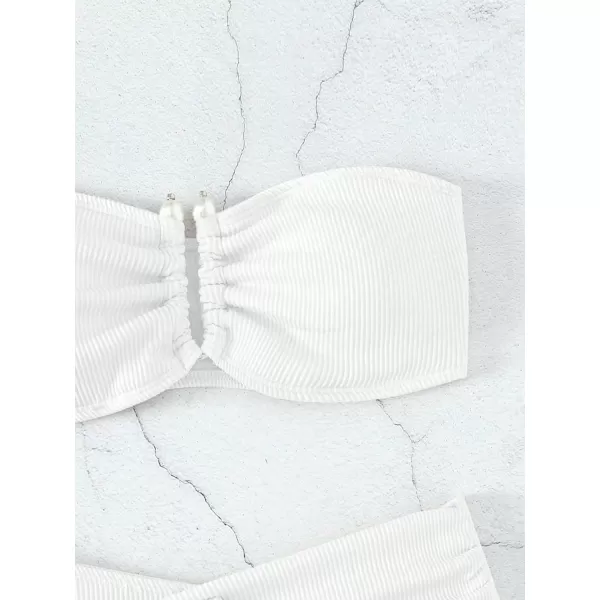 WDIRARA Women's 2 Piece Bikini Set Rib Knit Strapless Knot Front High Waist Swimsuit Set