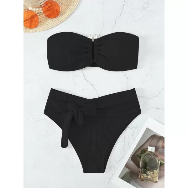 WDIRARA Women's 2 Piece Bikini Set Rib Knit Strapless Knot Front High Waist Swimsuit Set