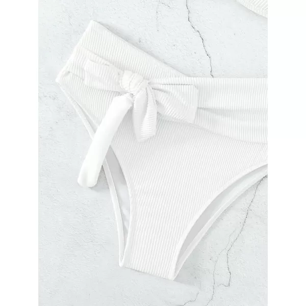 WDIRARA Women's 2 Piece Bikini Set Rib Knit Strapless Knot Front High Waist Swimsuit Set