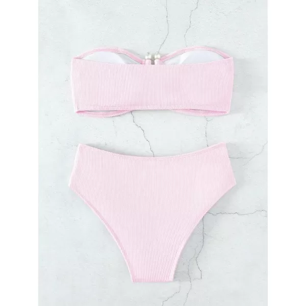 WDIRARA Women's 2 Piece Bikini Set Rib Knit Strapless Knot Front High Waist Swimsuit Set