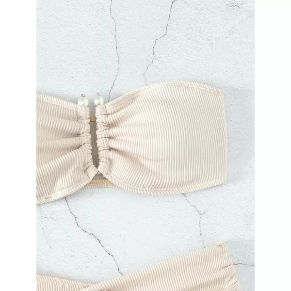 WDIRARA Women's 2 Piece Bikini Set Rib Knit Strapless Knot Front High Waist Swimsuit Set