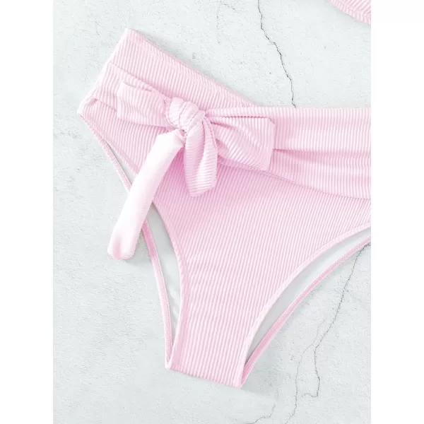 WDIRARA Women's 2 Piece Bikini Set Rib Knit Strapless Knot Front High Waist Swimsuit Set
