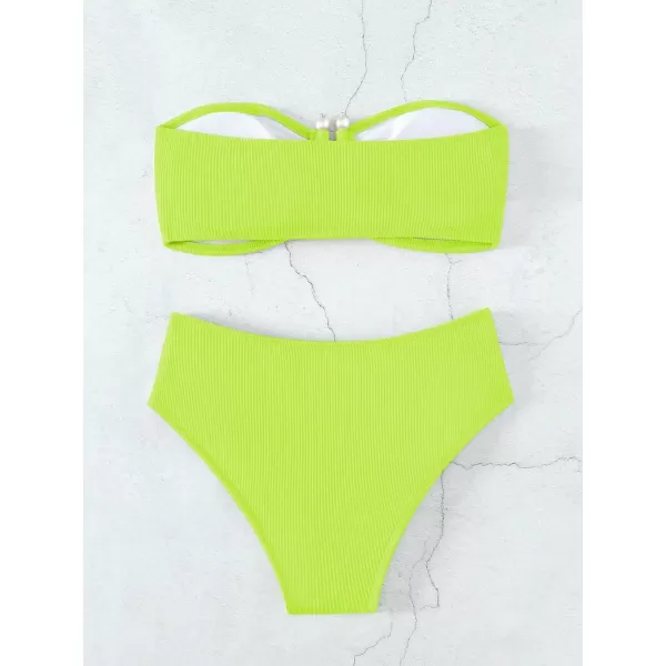 WDIRARA Women's 2 Piece Bikini Set Rib Knit Strapless Knot Front High Waist Swimsuit Set