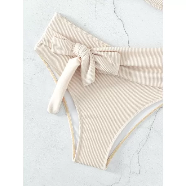 WDIRARA Women's 2 Piece Bikini Set Rib Knit Strapless Knot Front High Waist Swimsuit Set