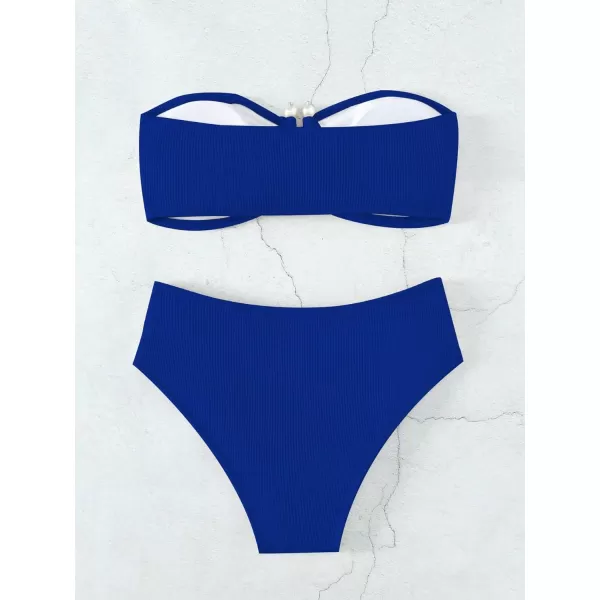 WDIRARA Women's 2 Piece Bikini Set Rib Knit Strapless Knot Front High Waist Swimsuit Set