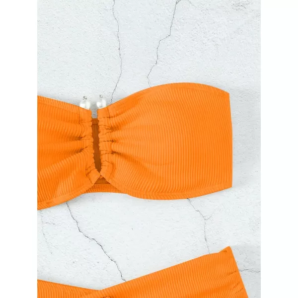 WDIRARA Women's 2 Piece Bikini Set Rib Knit Strapless Knot Front High Waist Swimsuit Set