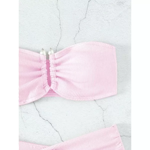 WDIRARA Women's 2 Piece Bikini Set Rib Knit Strapless Knot Front High Waist Swimsuit Set