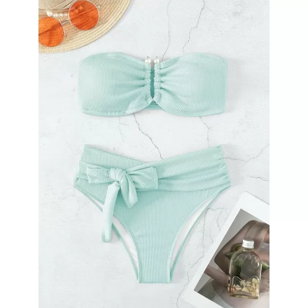 WDIRARA Women's 2 Piece Bikini Set Rib Knit Strapless Knot Front High Waist Swimsuit Set