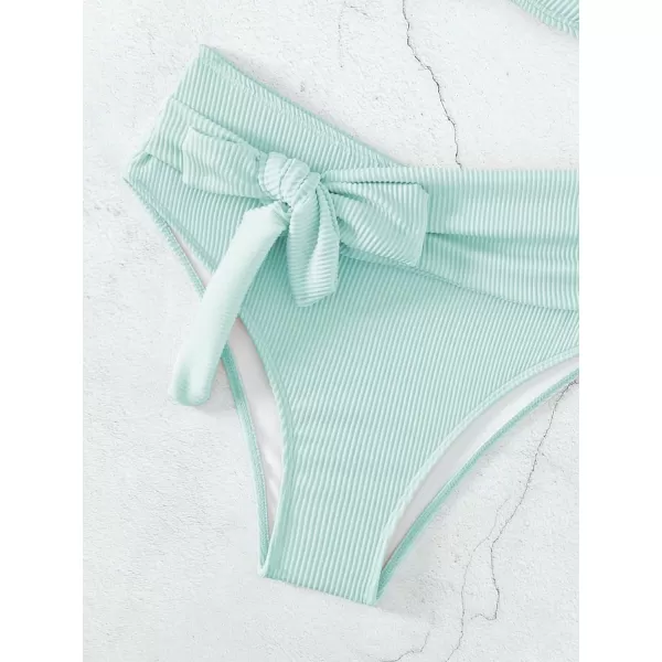 WDIRARA Women's 2 Piece Bikini Set Rib Knit Strapless Knot Front High Waist Swimsuit Set