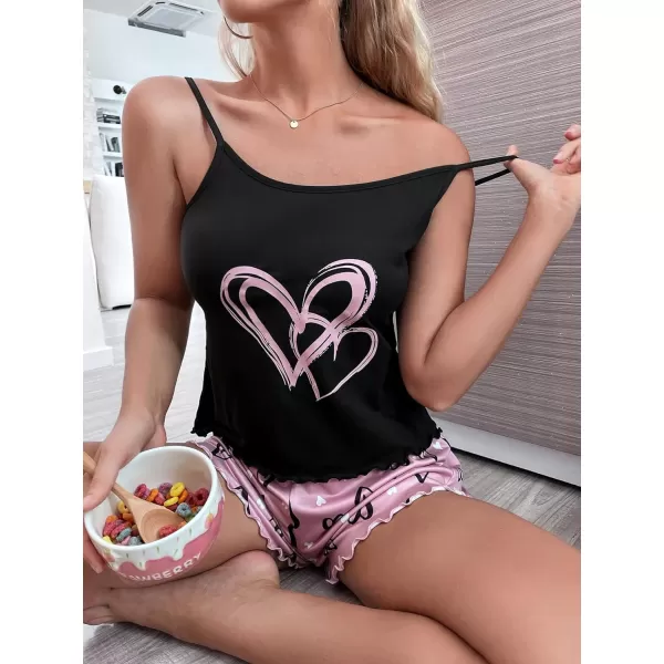 WDIRARA Women's 2 Piece Contrast Binding Heart Print Cami Top and Shorts Satin Pj Set