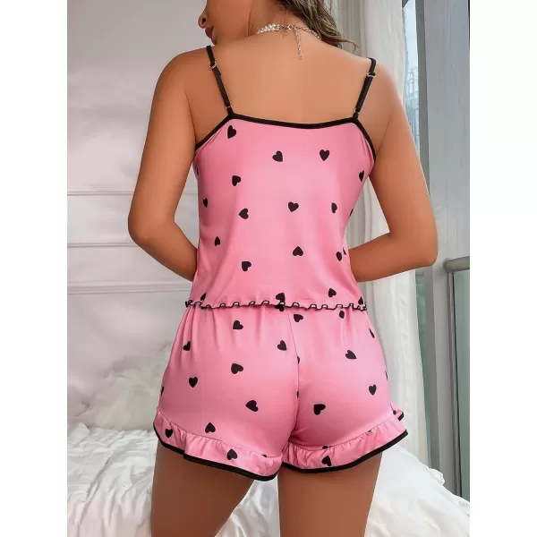WDIRARA Women's 2 Piece Contrast Binding Heart Print Cami Top and Shorts Satin Pj Set