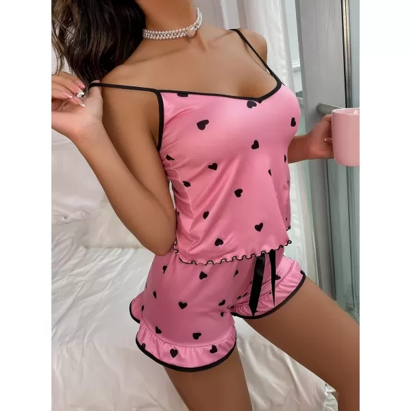 WDIRARA Women's 2 Piece Contrast Binding Heart Print Cami Top and Shorts Satin Pj Set