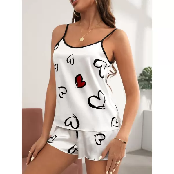 WDIRARA Women's 2 Piece Contrast Binding Heart Print Cami Top and Shorts Satin Pj Set