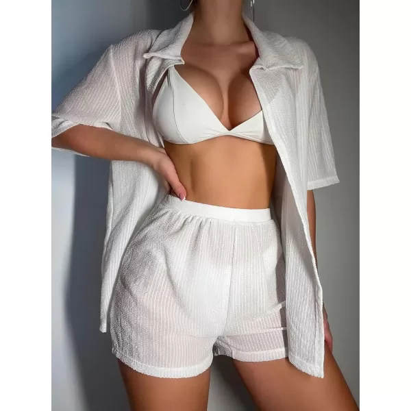 WDIRARA Women's 2 Piece Cover Ups Set Sheer Short Sleeve Open Front Shirt and Shorts Swimwear