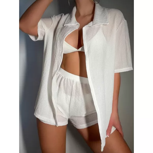 WDIRARA Women's 2 Piece Cover Ups Set Sheer Short Sleeve Open Front Shirt and Shorts Swimwear