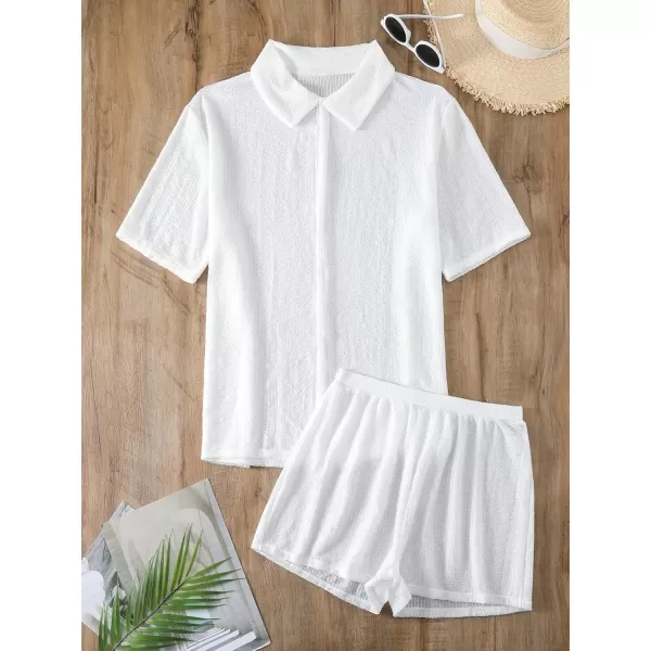 WDIRARA Women's 2 Piece Cover Ups Set Sheer Short Sleeve Open Front Shirt and Shorts Swimwear