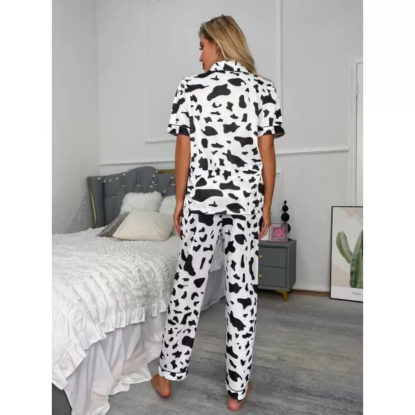 WDIRARA Women's 2 Piece Cow Print Button Down Short Sleeve Top and Pants Pj Set