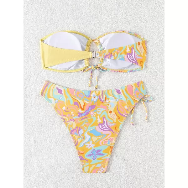 WDIRARA Women's 2 Piece Cute Swimsuits Graphic Print Drawstring Bandeau Bikini Set Beach Bathing Suit