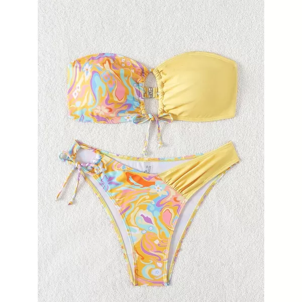 WDIRARA Women's 2 Piece Cute Swimsuits Graphic Print Drawstring Bandeau Bikini Set Beach Bathing Suit