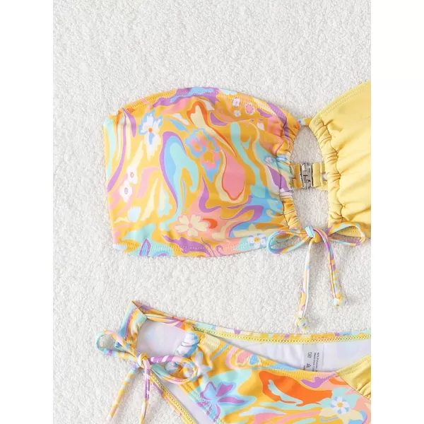 WDIRARA Women's 2 Piece Cute Swimsuits Graphic Print Drawstring Bandeau Bikini Set Beach Bathing Suit