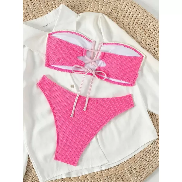 WDIRARA Women's 2 Piece Cute Swimwear Color Block Frill Bandeau Bikini Swimsuits Cheeky Bathing Suit