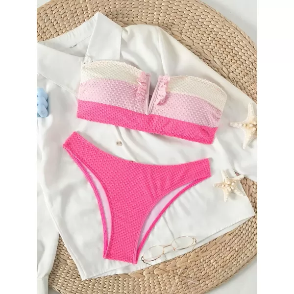 WDIRARA Women's 2 Piece Cute Swimwear Color Block Frill Bandeau Bikini Swimsuits Cheeky Bathing Suit