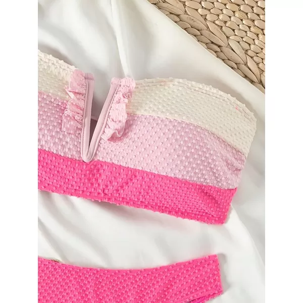 WDIRARA Women's 2 Piece Cute Swimwear Color Block Frill Bandeau Bikini Swimsuits Cheeky Bathing Suit
