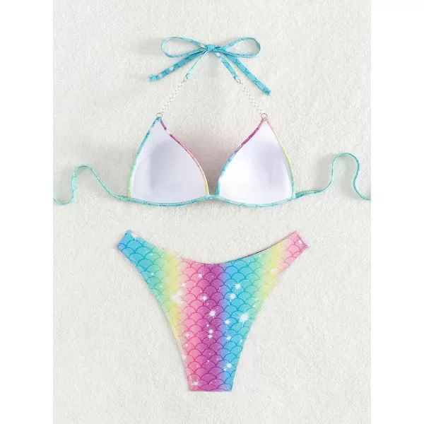 WDIRARA Women's 2 Piece Fish Scale Swimsuits Pearls Halter Push Up Bikini Set Beach Bathing Suit