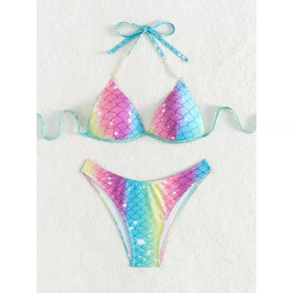 WDIRARA Women's 2 Piece Fish Scale Swimsuits Pearls Halter Push Up Bikini Set Beach Bathing Suit