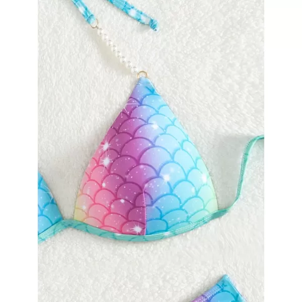 WDIRARA Women's 2 Piece Fish Scale Swimsuits Pearls Halter Push Up Bikini Set Beach Bathing Suit