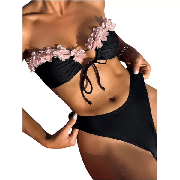 WDIRARA Women's 2 Piece Floral Appliques Drawstring Front Bandeau Swimsuit Set Cut Out High Cut Cheeky Bikini Swimwear Sets