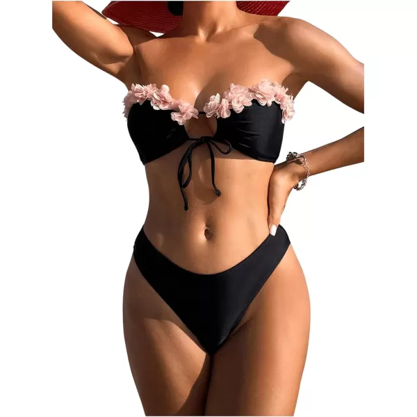 WDIRARA Women's 2 Piece Floral Appliques Drawstring Front Bandeau Swimsuit Set Cut Out High Cut Cheeky Bikini Swimwear Sets