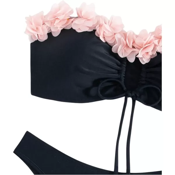 WDIRARA Women's 2 Piece Floral Appliques Drawstring Front Bandeau Swimsuit Set Cut Out High Cut Cheeky Bikini Swimwear Sets