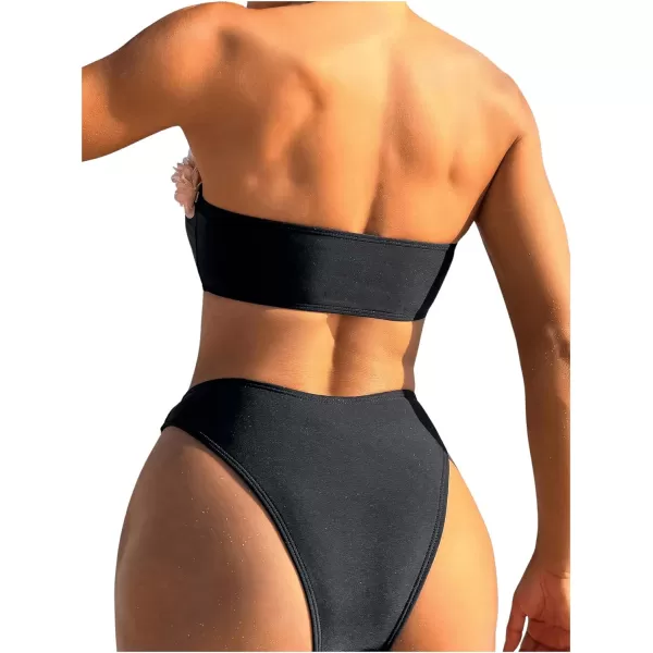 WDIRARA Women's 2 Piece Floral Appliques Drawstring Front Bandeau Swimsuit Set Cut Out High Cut Cheeky Bikini Swimwear Sets
