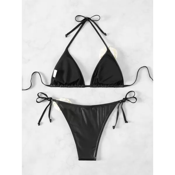 WDIRARA Women's 2 Piece Floral Appliques Swimsuits Halter String Triangle Bikini Set Beach Bathing Suit