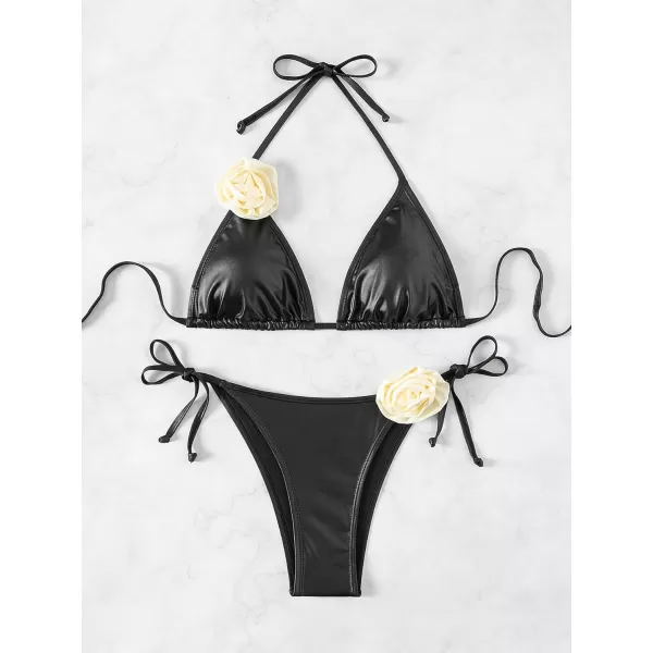 WDIRARA Women's 2 Piece Floral Appliques Swimsuits Halter String Triangle Bikini Set Beach Bathing Suit