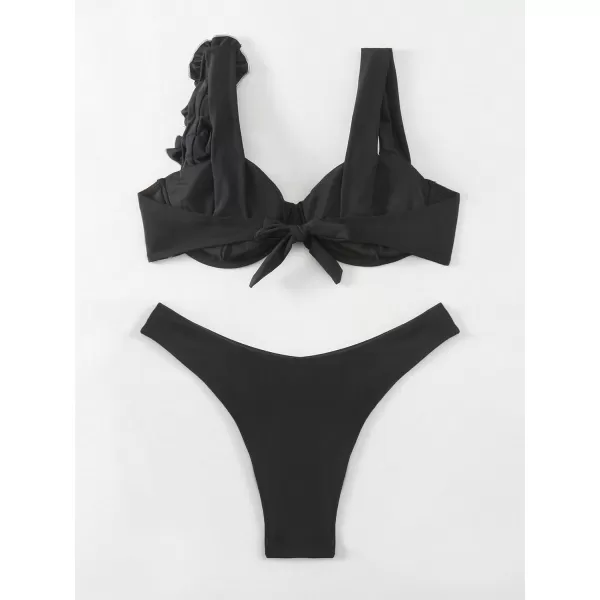 WDIRARA Women's 2 Piece Floral Appliques Swimsuits Ruched Underwire Bikini Set Beach Bathing Suit