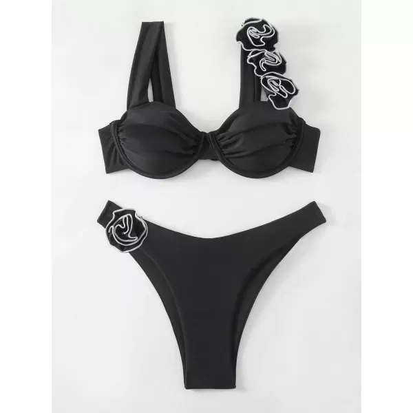 WDIRARA Women's 2 Piece Floral Appliques Swimsuits Ruched Underwire Bikini Set Beach Bathing Suit