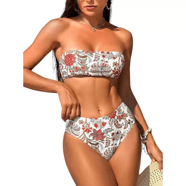 WDIRARA Women's 2 Piece Floral Print Bandeau Bikini Swimsuit Set Ruched Strapless Boho Swimwear Sets