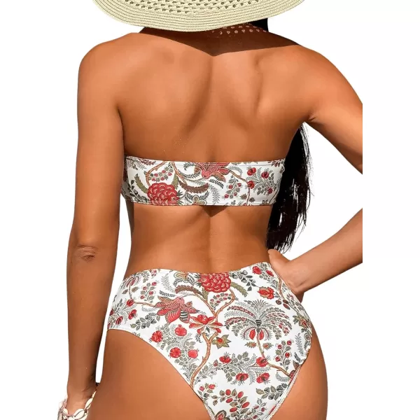 WDIRARA Women's 2 Piece Floral Print Bandeau Bikini Swimsuit Set Ruched Strapless Boho Swimwear Sets