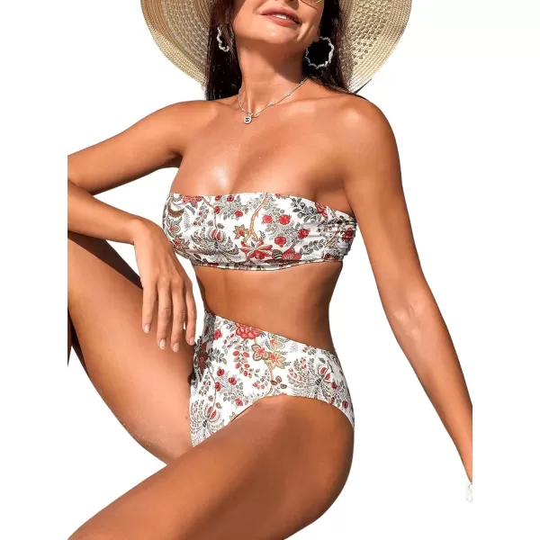 WDIRARA Women's 2 Piece Floral Print Bandeau Bikini Swimsuit Set Ruched Strapless Boho Swimwear Sets