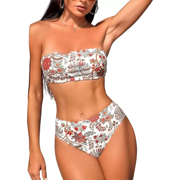 WDIRARA Women's 2 Piece Floral Print Bandeau Bikini Swimsuit Set Ruched Strapless Boho Swimwear Sets