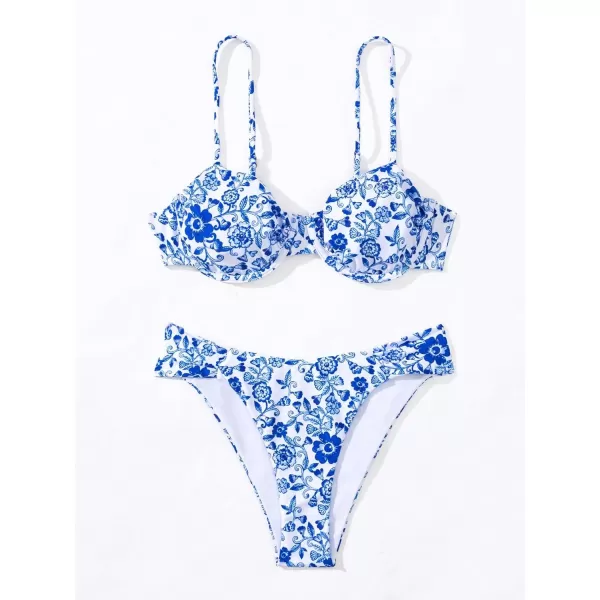 WDIRARA Women's 2 Piece Floral Print Swimsuit Sleeveless Underwire Bra High Cut Bikini Set